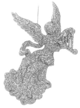 Dekoracja choinkowa zawieszka bombka akryl 12cm ANIOŁ brokatowy srebrny
