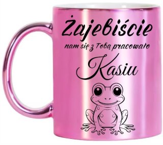 KUBEK RÓŻOWY PREZENT NA POŻEGNANIE KOLEŻANKI Z PRACY Z IMIENIEM #