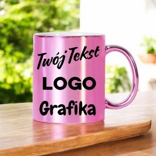 KUBEK RÓŻOWY Z TWOIM NADRUKIEM TEKSTEM GRAFIKĄ LOGO PREZENT REKLAMA #