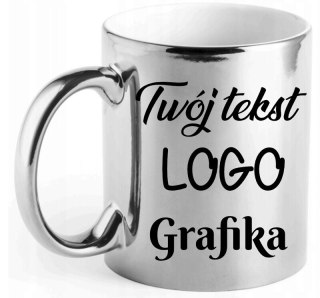 KUBEK Z TWOIM NADRUKIEM TEKSTEM SREBRNY #