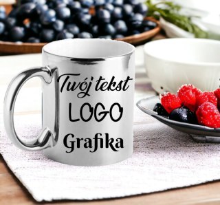 KUBEK Z TWOIM NADRUKIEM TEKSTEM SREBRNY #