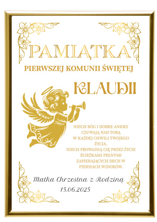 PAMIĄTKA PIERWSZEJ KOMUNII RAMKA Z DEDYKACJĄ I IMIENIEM PREZENT NA KOMUNIĘ