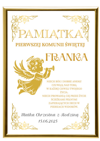 PAMIĄTKA PIERWSZEJ KOMUNII RAMKA Z DEDYKACJĄ I IMIENIEM PREZENT NA KOMUNIĘ