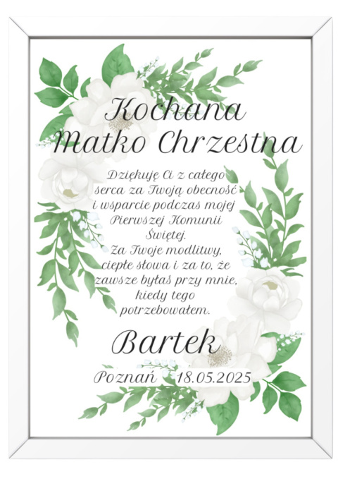 Podziękowanie Prezent dla Matki Chrzestnej na Komunię w ramce A4