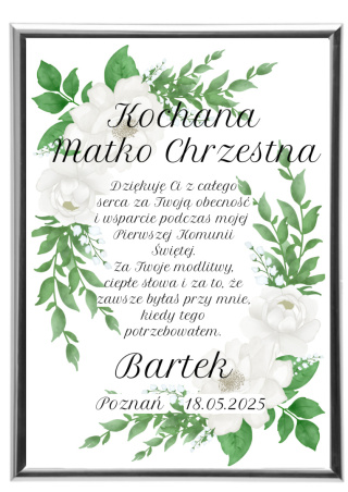 Podziękowanie Ramka Prezent dla Matki Chrzestnej na Komunię w ramce srebro