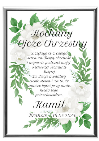 Podziękowanie Ramka Prezent dla Ojca Chrzestnego na Komunię w ramce srebro