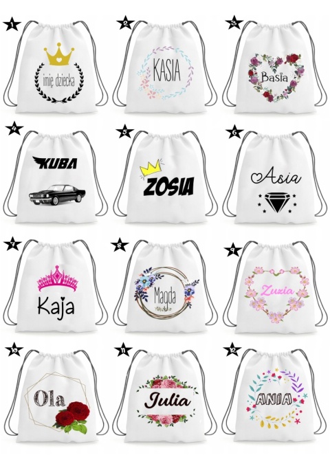 Zestaw bidon i plecak z imieniem dziecka worek do szkoły buty kapcie wzory