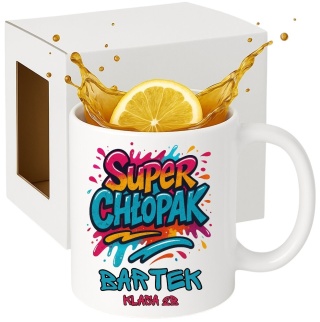 Kubek prezent Dzień CHŁOPAKA dla kolegi z klasy z IMIENIEM + kartonik