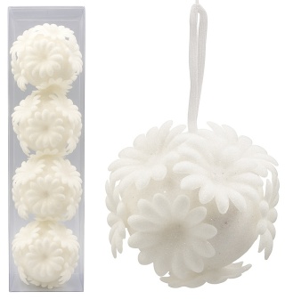 Bombki brokatowe białe kwiaty zawieszki świąteczne 6 cm 4szt