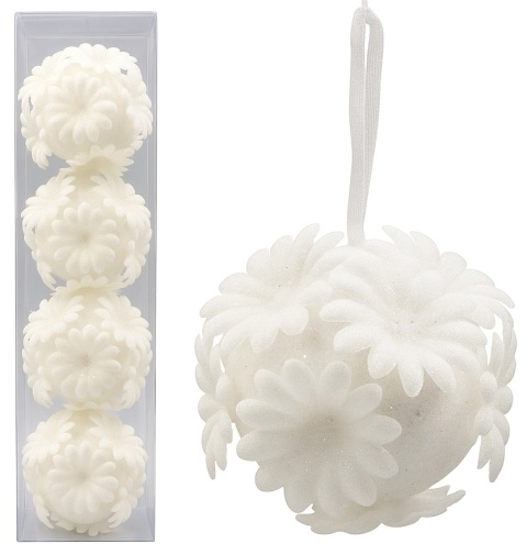 Bombki brokatowe białe kwiaty zawieszki świąteczne 6 cm 4szt