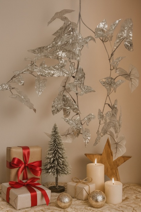 Gałązka liście dekoracyjna duża 90cm srebrna błyszcząca ozdobne listki