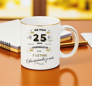 KUBEK PREMIUM NA 25 URODZINY BIAŁO-ZŁOTY ŚMIESZNY PREZENT