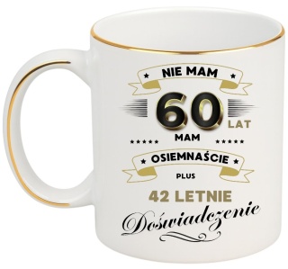 KUBEK PREMIUM NA 60 URODZINY BIAŁO-ZŁOTY ŚMIESZNY PREZENT