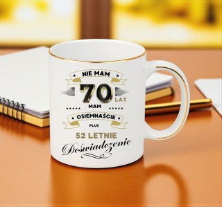 KUBEK PREMIUM NA 70 URODZINY BIAŁO-ZŁOTY ŚMIESZNY PREZENT