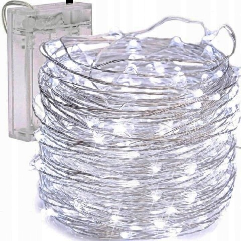 Lampki choinkowe druciki dekoracja 100 LED 10m na baterie biały zimny