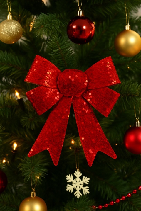 Piękna Dekoracyjna Kokarda Kokardka czerwona cekiny cekinowa 28x23cm