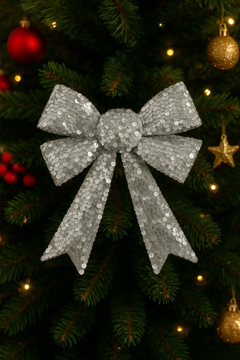 Piękna Dekoracyjna Kokarda Kokardka srebrna cekiny cekinowa 21x18cm