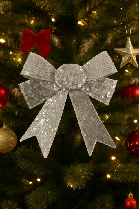 Piękna Dekoracyjna Kokarda Kokardka srebrna cekiny cekinowa 28x23cm