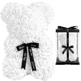 Duży Miś z róż 40cm prezent na Walentynki Dzień Kobiet Urodziny biały