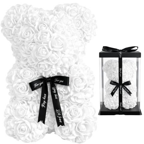 Duży Miś z róż 40cm prezent na Walentynki Dzień Kobiet Urodziny biały