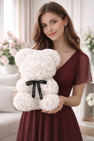 Duży Miś z róż 40cm prezent na Walentynki Dzień Kobiet Urodziny biały