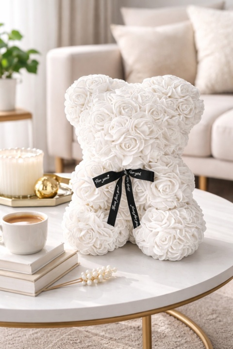 Duży Miś z róż 40cm prezent na Walentynki Dzień Kobiet Urodziny biały
