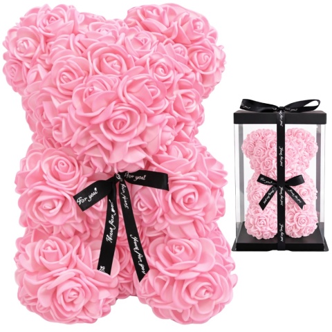 Duży Miś z róż 40cm prezent na Walentynki Dzień Kobiet Urodziny różowy