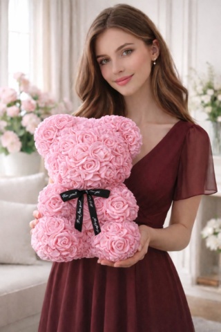Duży Miś z róż 40cm prezent na Walentynki Dzień Kobiet Urodziny różowy
