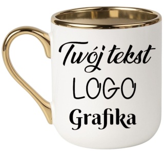 KUBEK BIAŁO-ZŁOTY Z TWOIM NADRUKIEM TEKSTEM GRAFIKĄ LOGO PREZENT REKLAMA