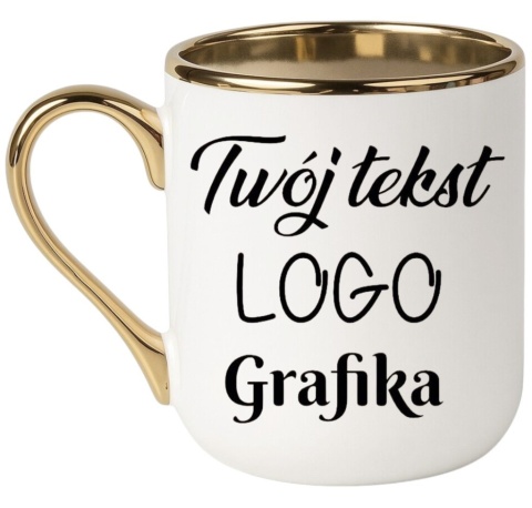 KUBEK BIAŁO-ZŁOTY Z TWOIM NADRUKIEM TEKSTEM GRAFIKĄ LOGO PREZENT REKLAMA