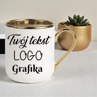 KUBEK BIAŁO-ZŁOTY Z TWOIM NADRUKIEM TEKSTEM GRAFIKĄ LOGO PREZENT REKLAMA