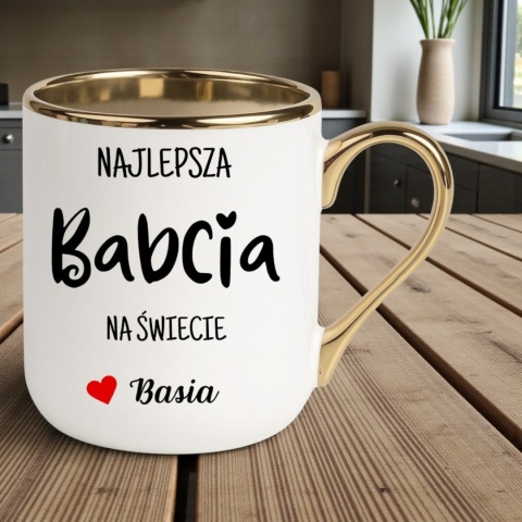 KUBEK BIAŁO-ZŁOTY Z TWOIM NADRUKIEM TEKSTEM GRAFIKĄ LOGO PREZENT REKLAMA