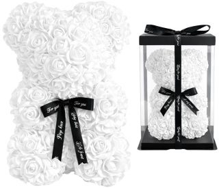Miś z róż 25cm prezent na Walentynki Dzień Kobiet Urodziny biały
