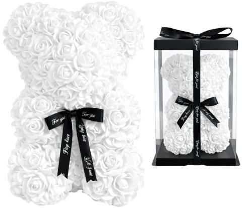 Miś z róż 25cm prezent na Walentynki Dzień Kobiet Urodziny biały