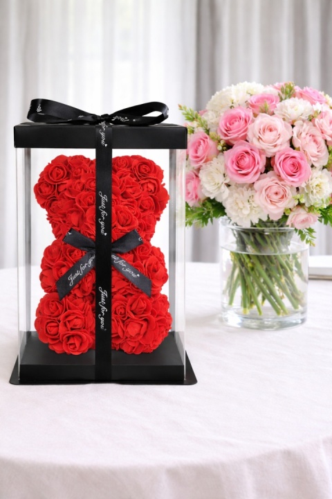 Miś z róż 25cm prezent na Walentynki Dzień Kobiet Urodziny czerwony