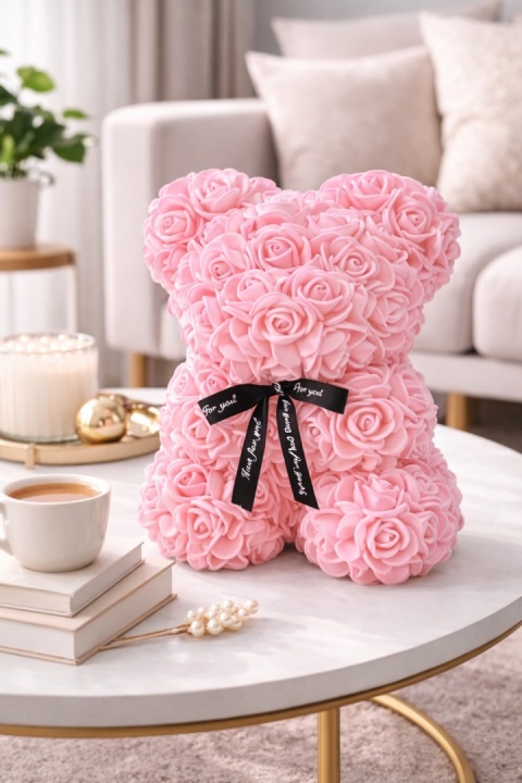 Miś z róż 25cm prezent na Walentynki Dzień Kobiet Urodziny różowy