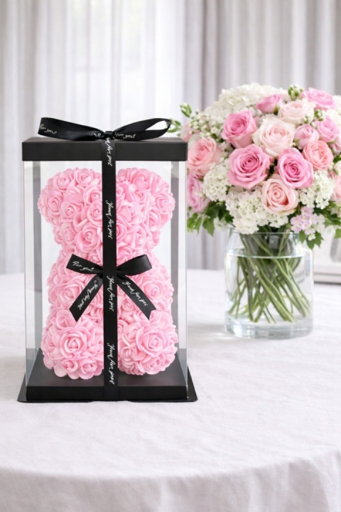Miś z róż 25cm prezent na Walentynki Dzień Kobiet Urodziny różowy