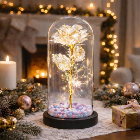 Wieczna róża w szkle świecąca LED w pudełku prezent Walentynki biała