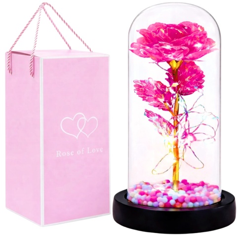 Wieczna róża w szkle świecąca LED w pudełku prezent Walentynki ciemny róż