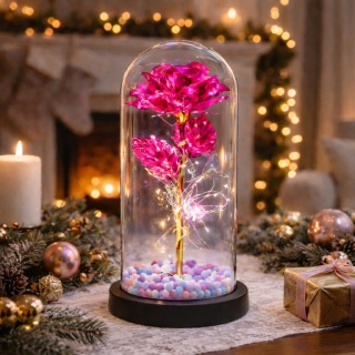 Wieczna róża w szkle świecąca LED w pudełku prezent Walentynki ciemny róż