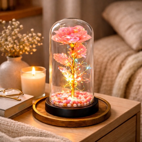 Wieczna róża w szkle świecąca LED w pudełku prezent Walentynki jasny róż