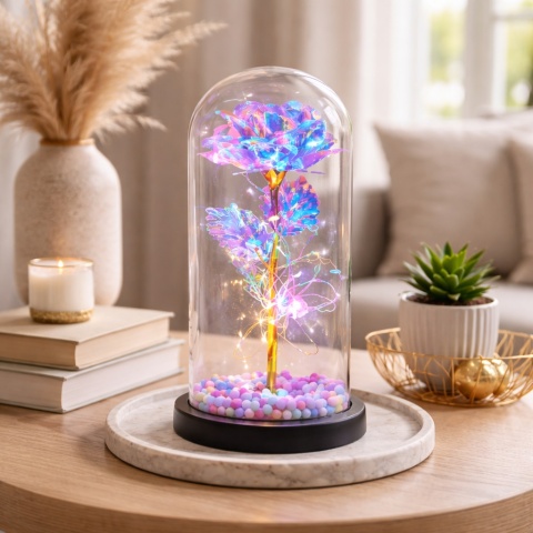 Wieczna róża w szkle świecąca LED w pudełku prezent Walentynki niebieska