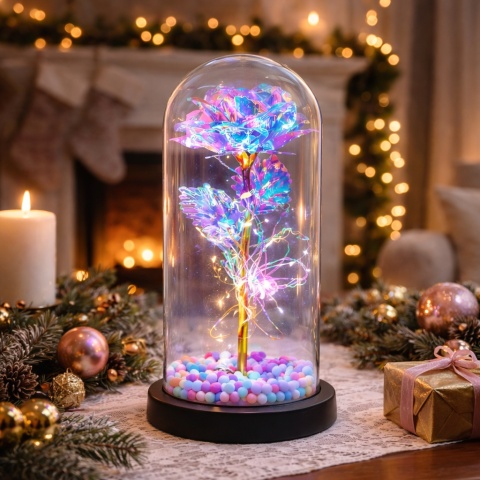 Wieczna róża w szkle świecąca LED w pudełku prezent Walentynki niebieska