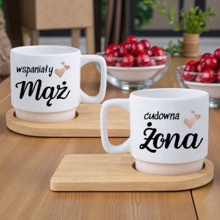Zestaw 2x filiżanka + podstawki bambusowe Mąż Żona Walentynki Ślub Rocznica