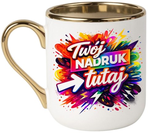 Kubek biało-złoty z Twoim nadrukiem Tekst Grafika Logo Prezent Reklama