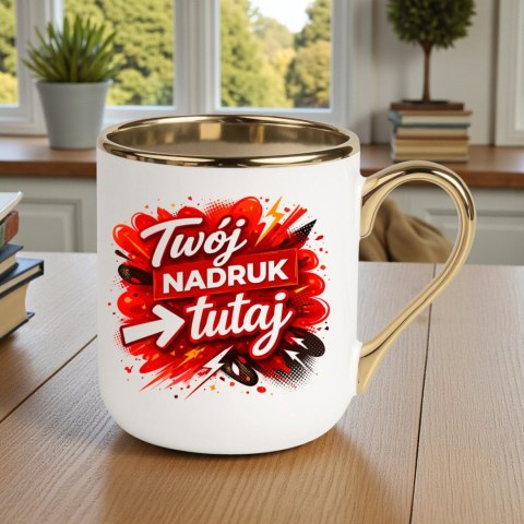Kubek biało-złoty z Twoim nadrukiem Tekst Grafika Logo Prezent Reklama