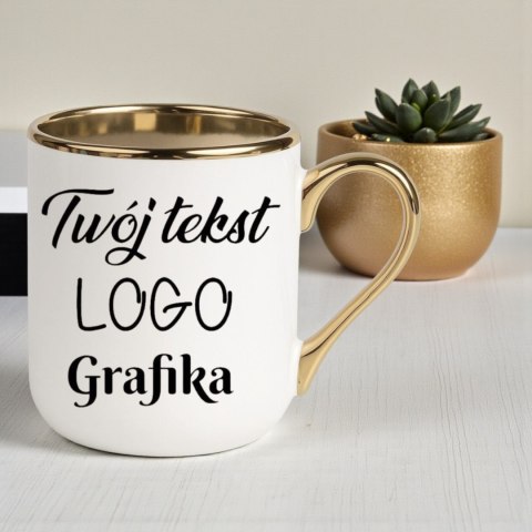 Kubek biało-złoty z Twoim nadrukiem Tekst Grafika Logo Prezent Reklama