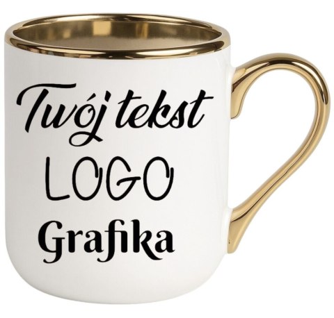 Kubek biało-złoty z Twoim nadrukiem Tekst Grafika Logo Prezent Reklama
