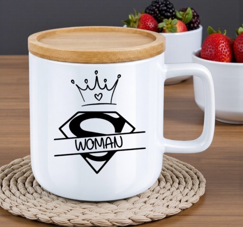 Kubek DUŻY z bambusową podstawką Prezent Dzień Kobiet dla Dziewczyny Żony