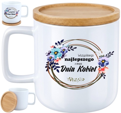 Kubek DUŻY z bambusową podstawką Prezent Dzień Kobiet dla Dziewczyny Żony